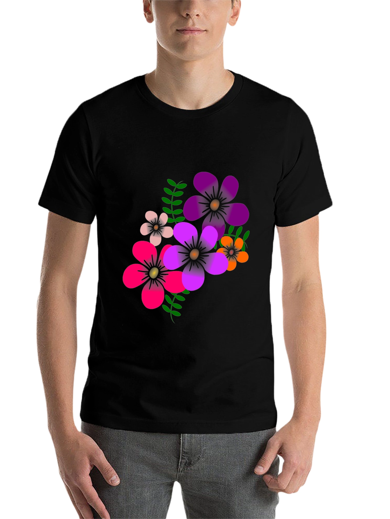 Floral Graphic Print T-Shirt - Casual Black Tee