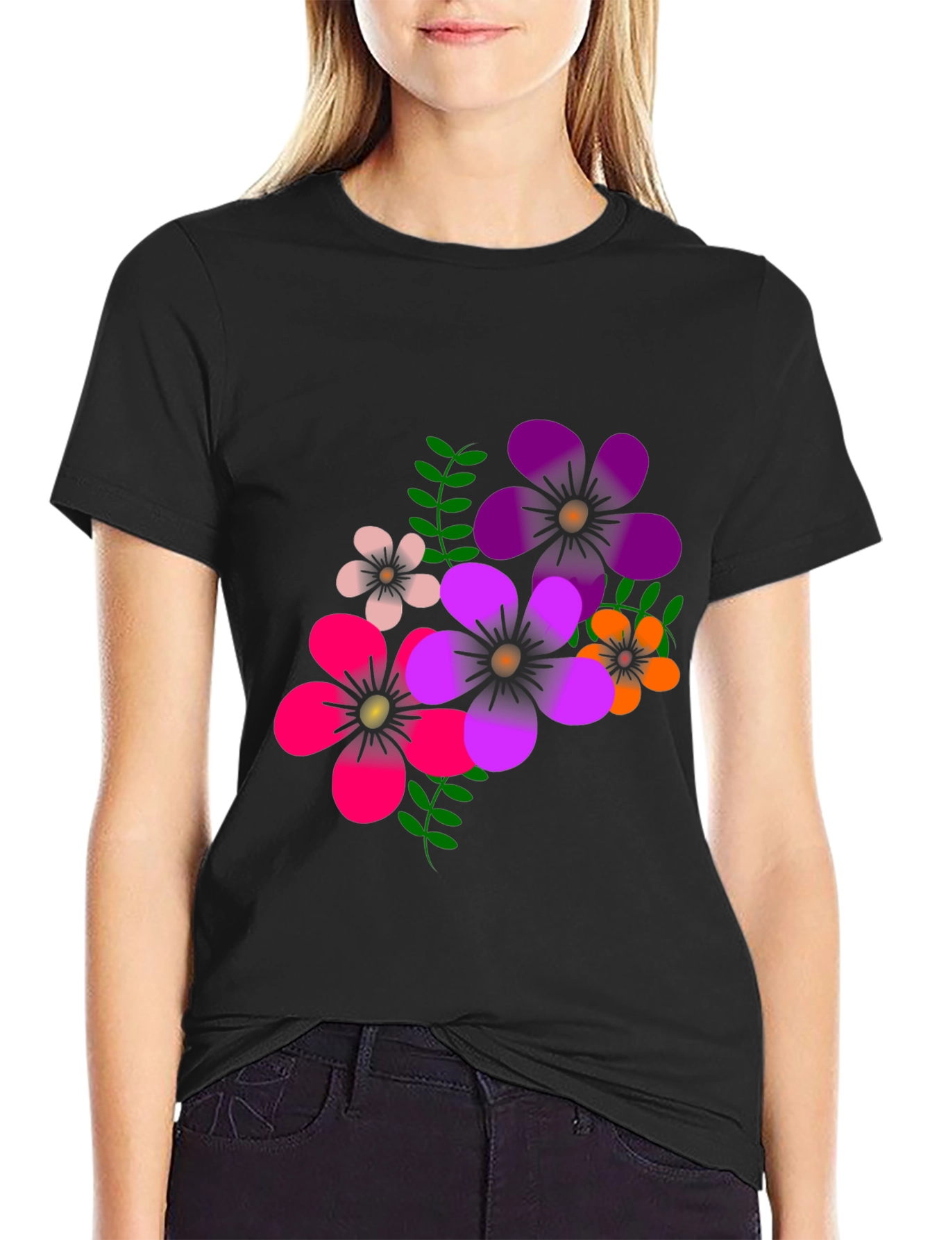 Floral Graphic Print T-Shirt - Casual Black Tee