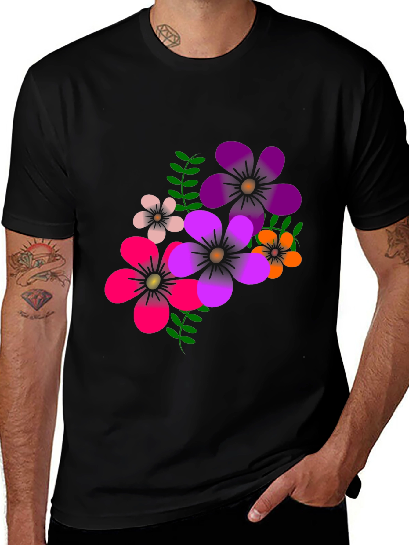 Floral Graphic Print T-Shirt - Casual Black Tee