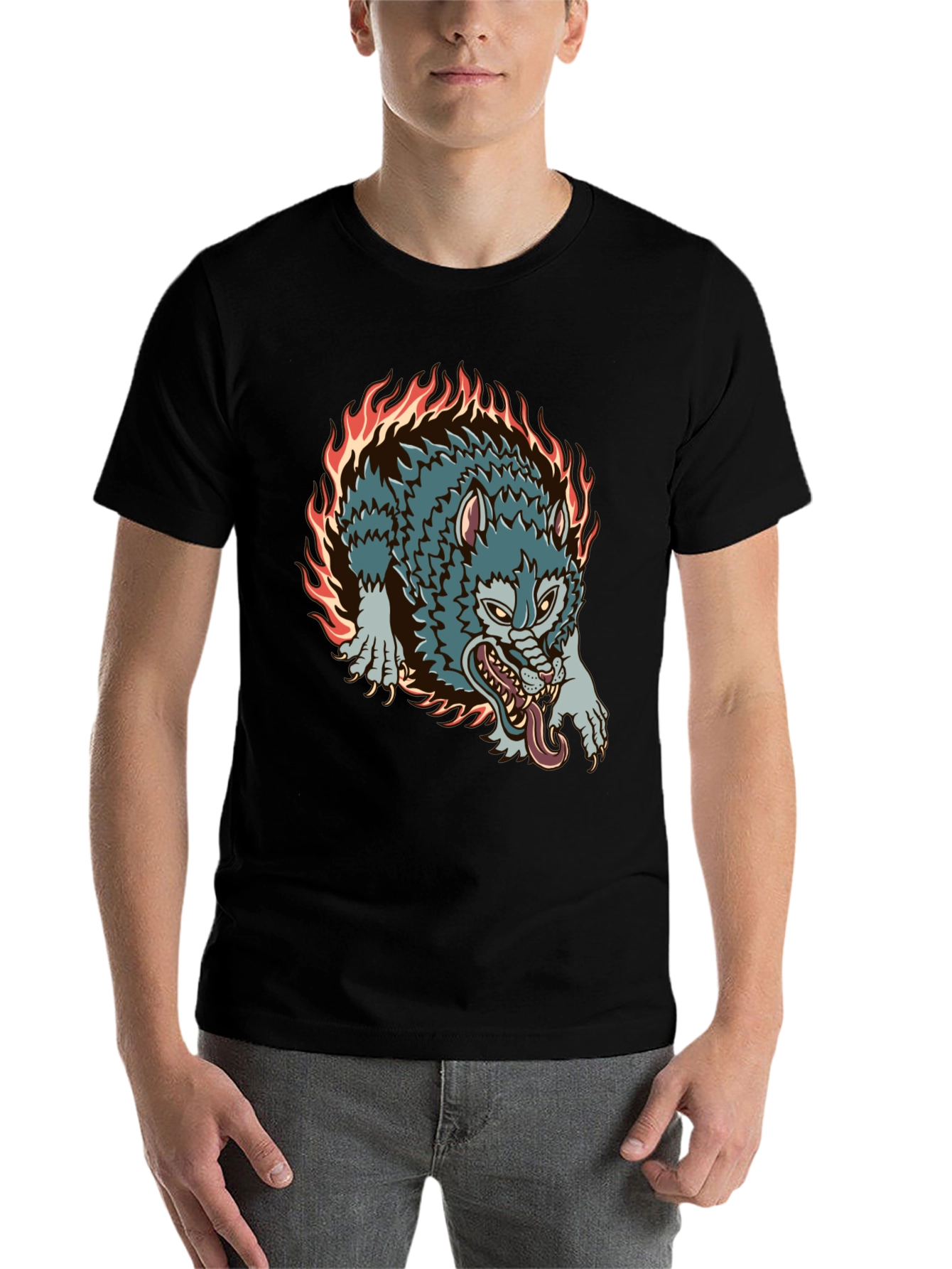 Fiery Wolf Graphic Black T-Shirt