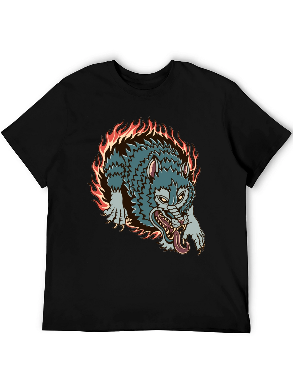 Fiery Wolf Graphic Black T-Shirt