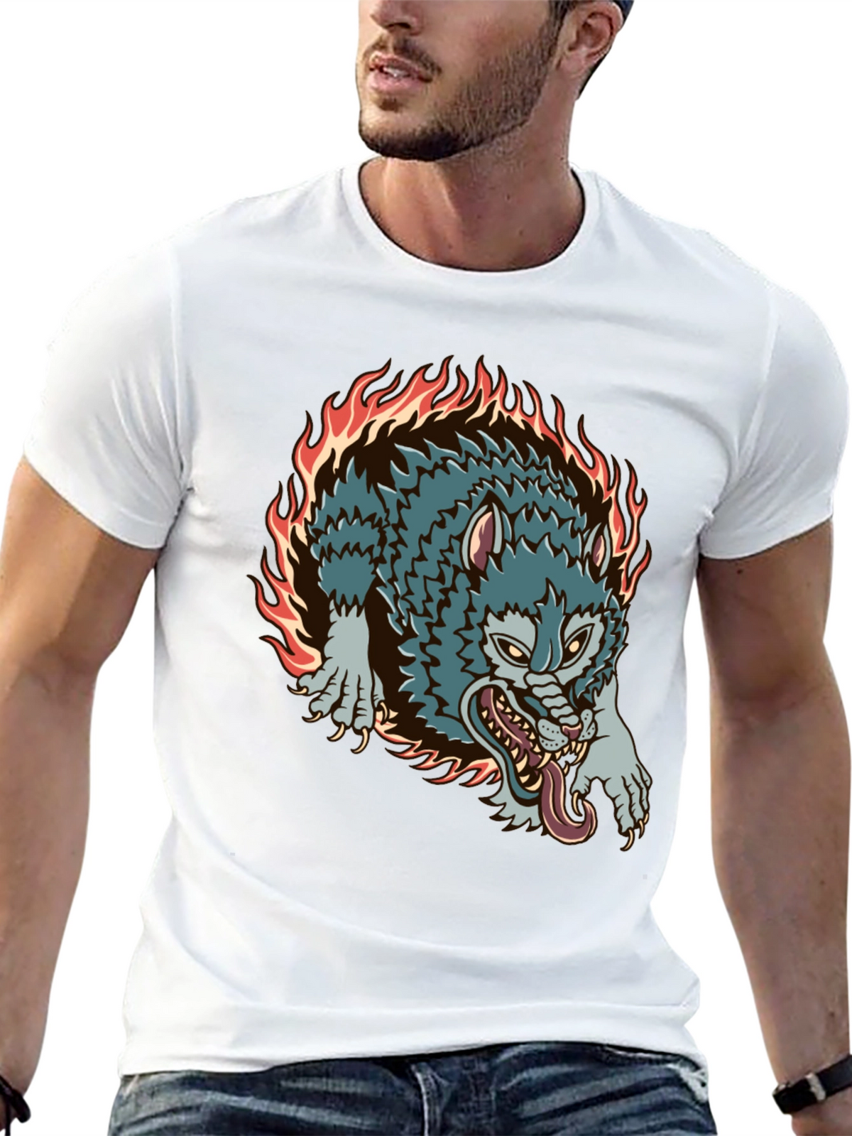 Fiery Wolf Graphic Black T-Shirt