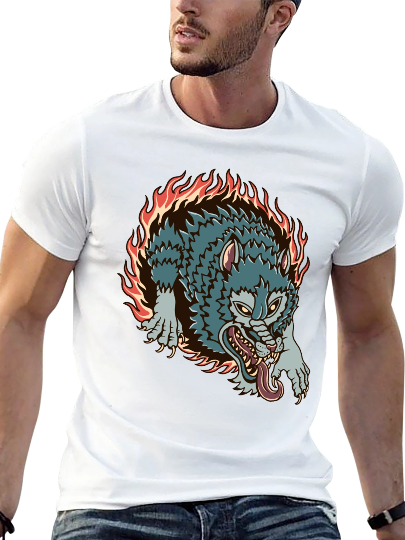 Fiery Wolf Graphic Black T-Shirt