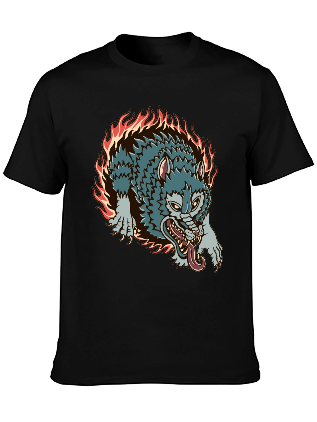 Fiery Wolf Graphic Black T-Shirt