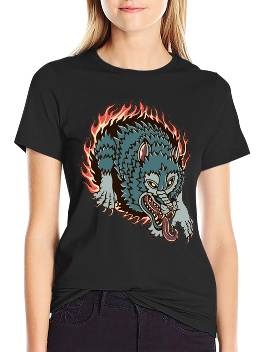 Fiery Wolf Graphic Black T-Shirt
