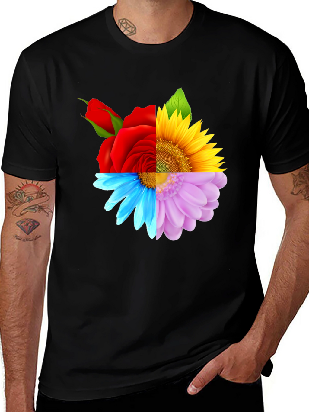 Floral Harmony Tee: Rose Sunflower and Daisy Design