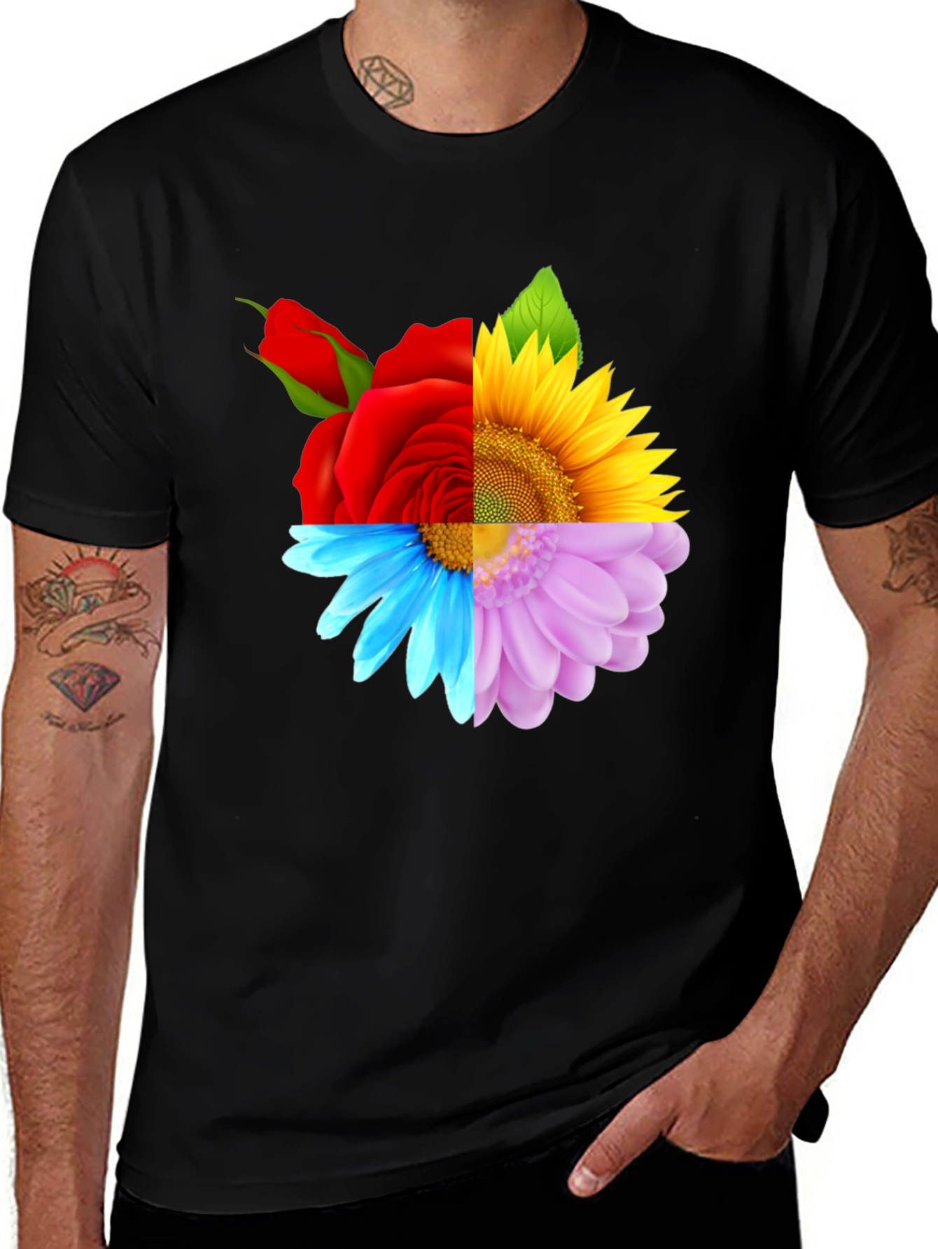 Floral Harmony Tee: Rose Sunflower and Daisy Design