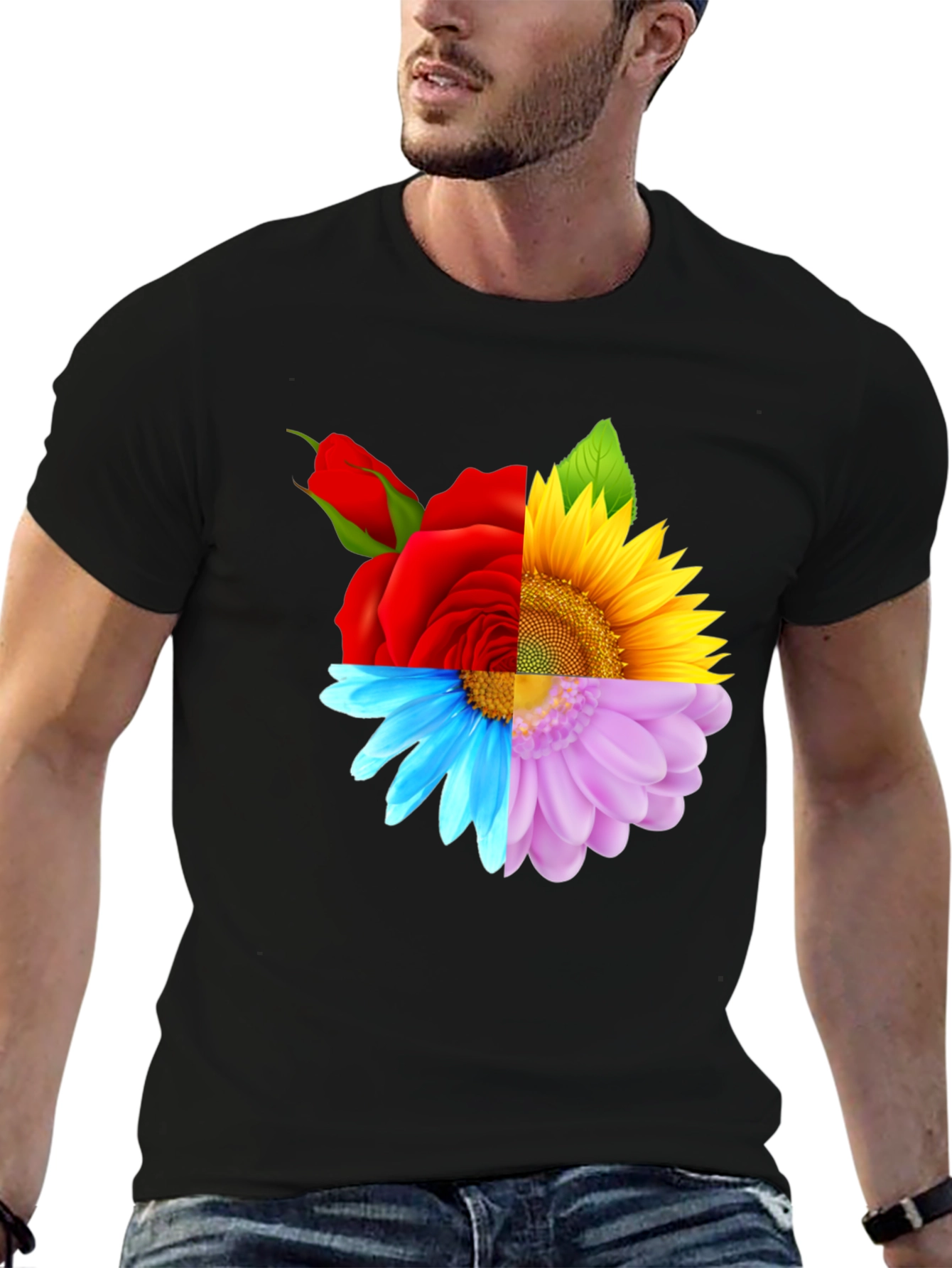 Floral Harmony Tee: Rose Sunflower and Daisy Design
