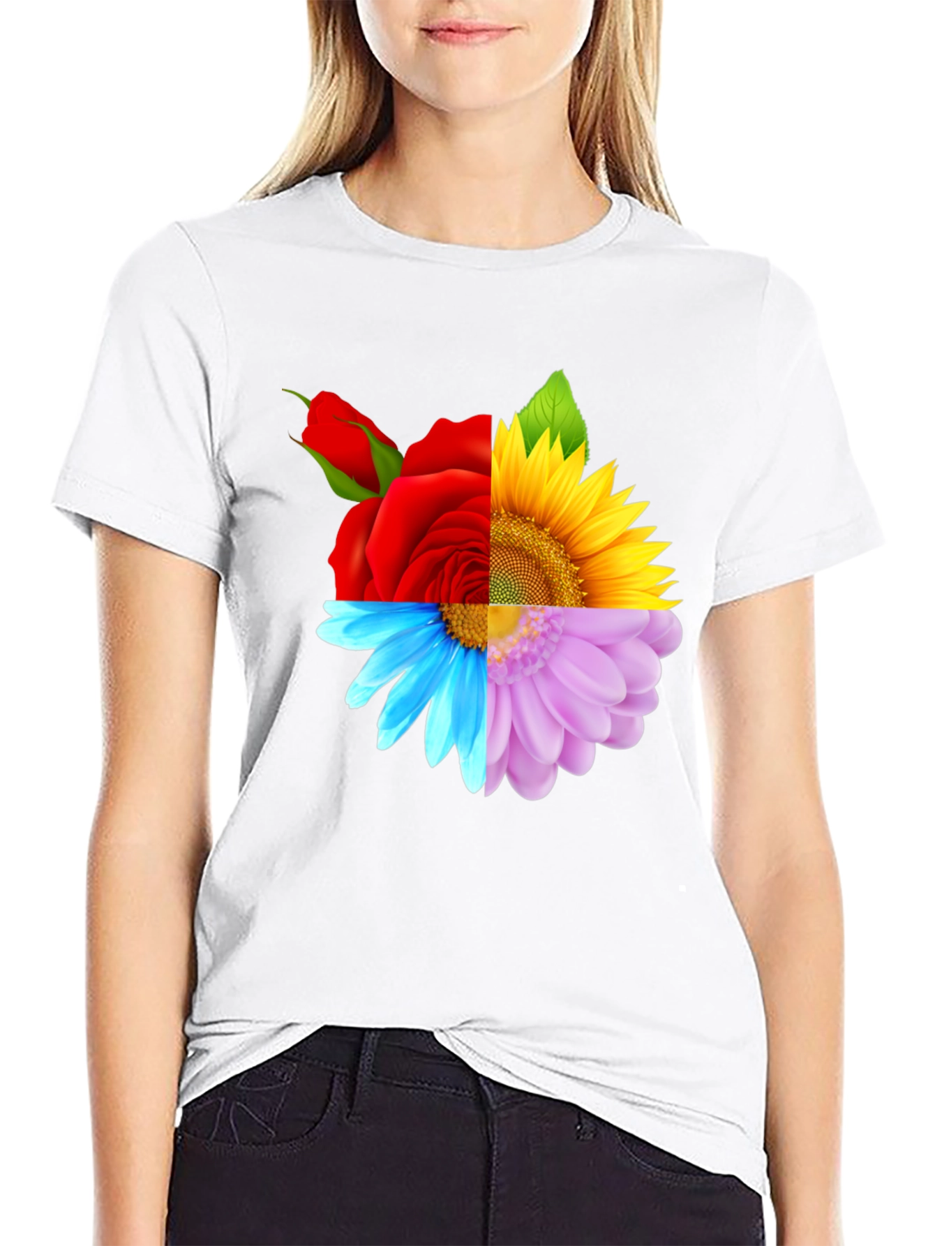 Floral Harmony Tee: Rose Sunflower and Daisy Design