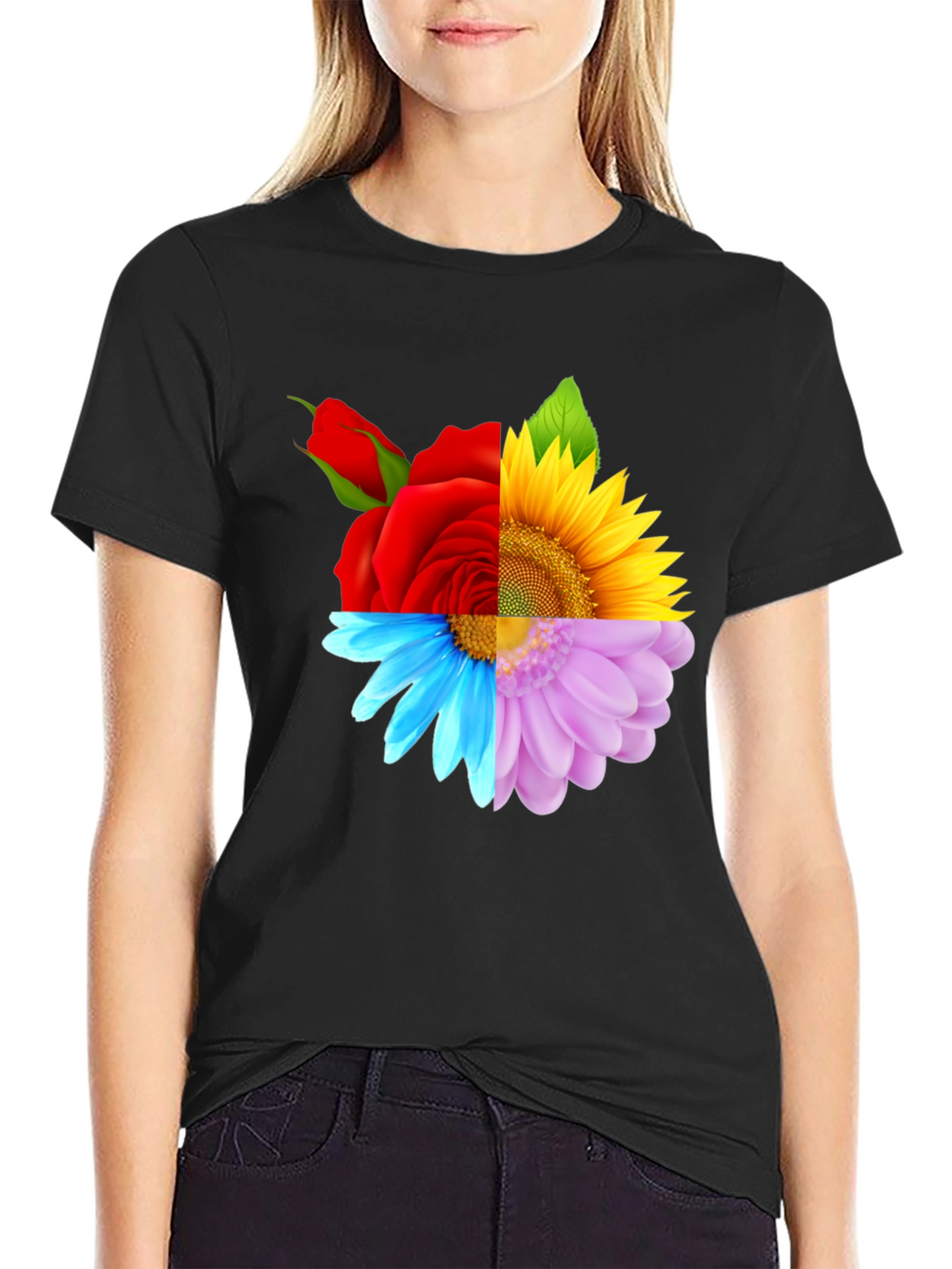 Floral Harmony Tee: Rose Sunflower and Daisy Design