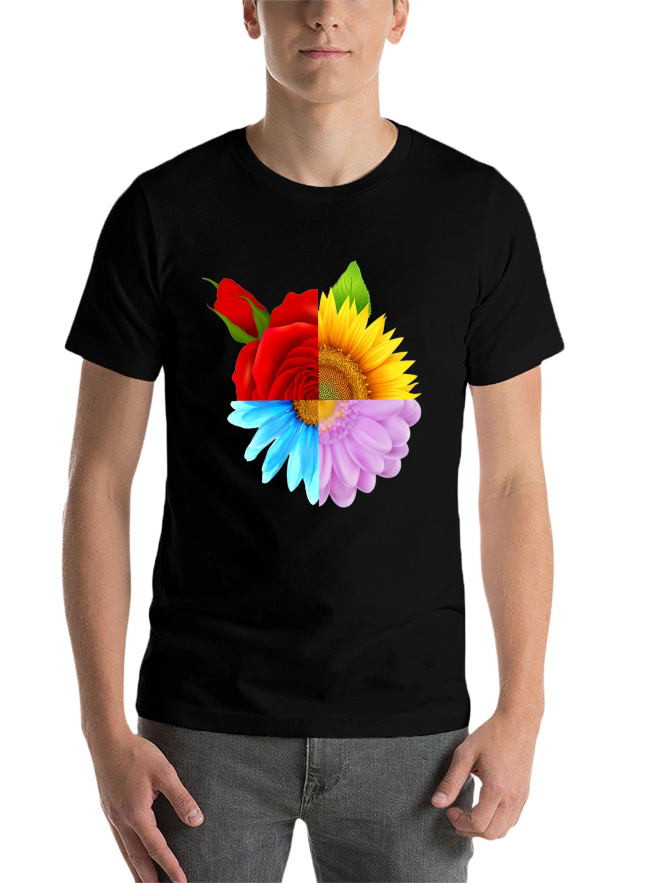Floral Harmony Tee: Rose Sunflower and Daisy Design