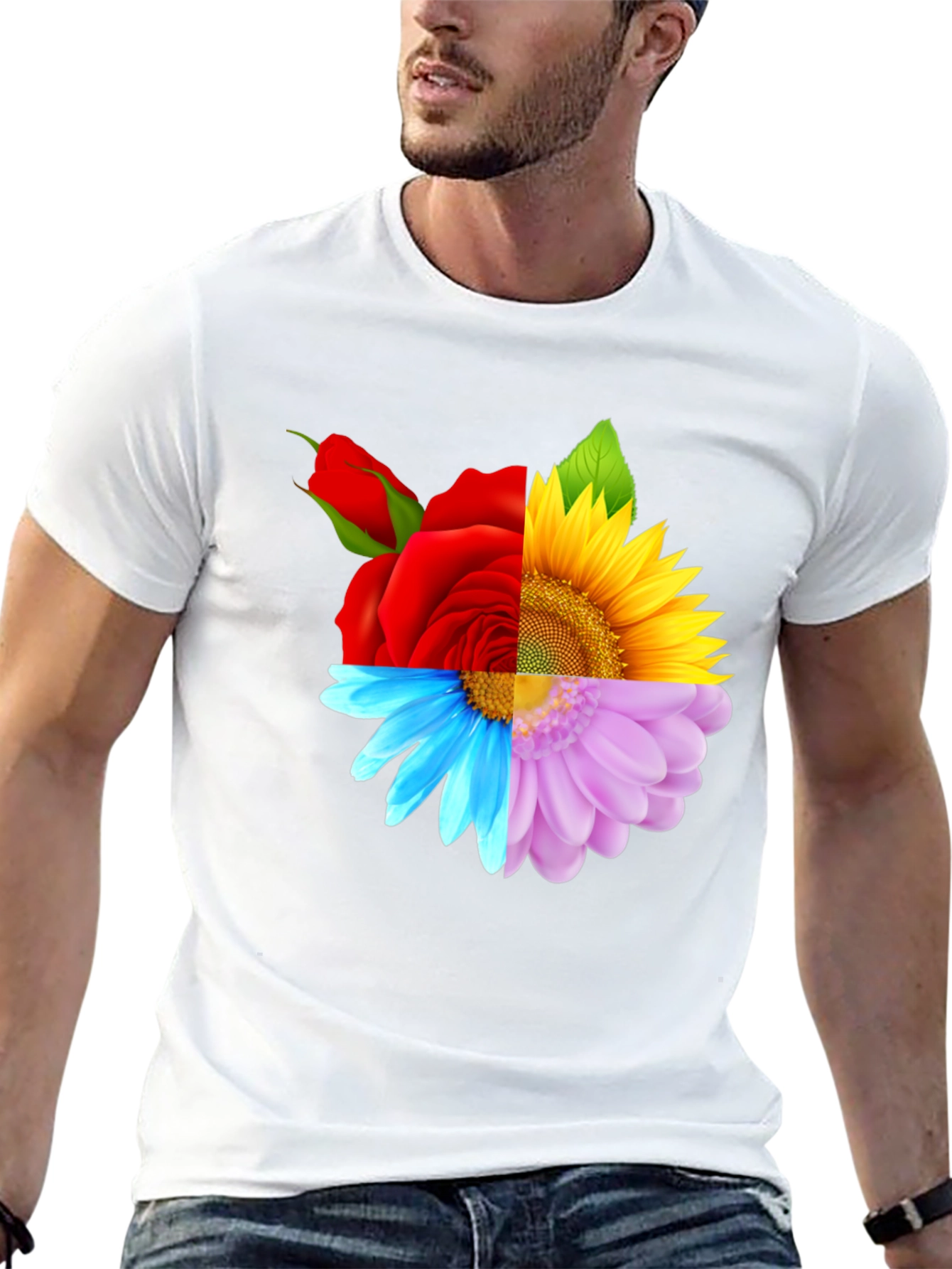 Floral Harmony Tee: Rose Sunflower and Daisy Design