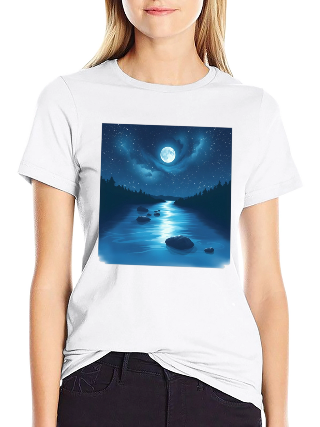 Moonlit River Graphic Tee - Night Sky Design