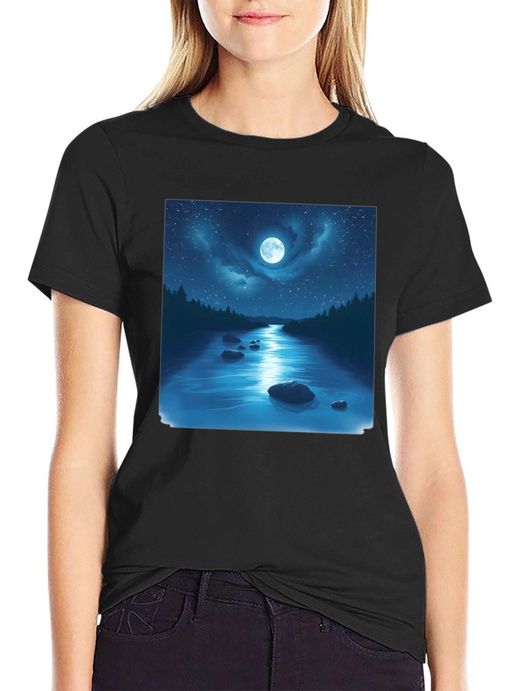 Moonlit River Graphic Tee - Night Sky Design
