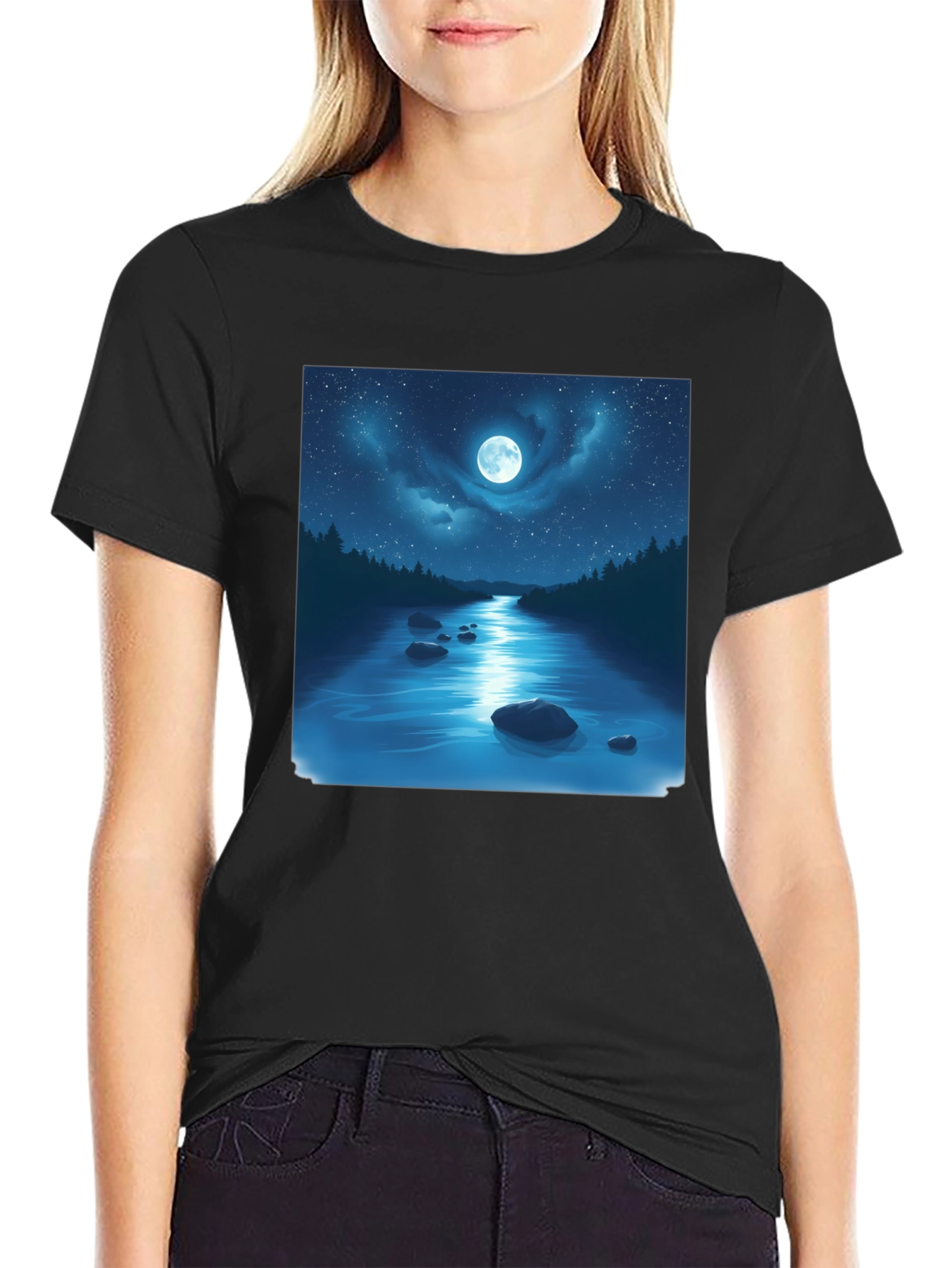 Moonlit River Graphic Tee - Night Sky Design