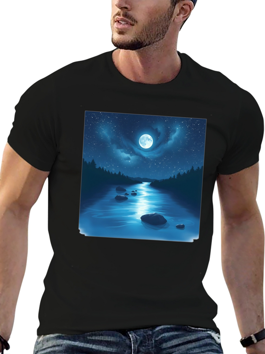 Moonlit River Graphic Tee - Night Sky Design