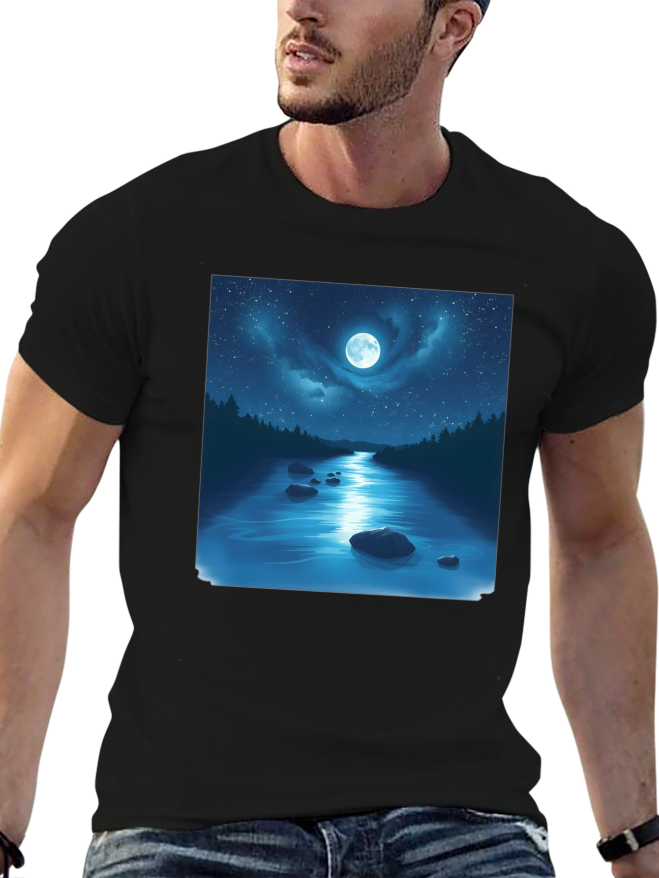 Moonlit River Graphic Tee - Night Sky Design