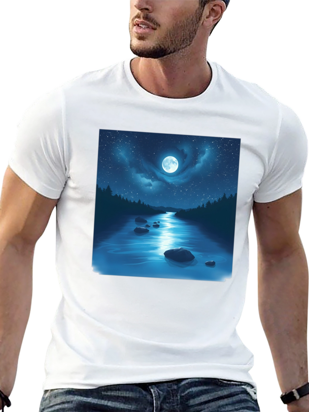 Moonlit River Graphic Tee - Night Sky Design