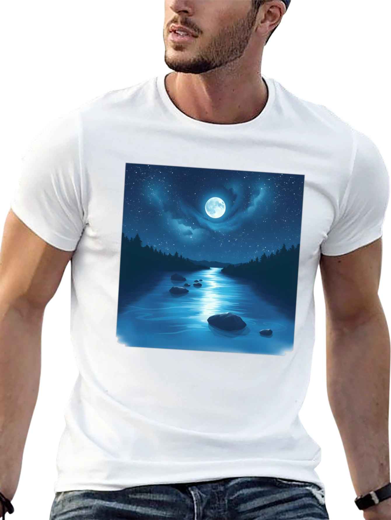 Moonlit River Graphic Tee - Night Sky Design