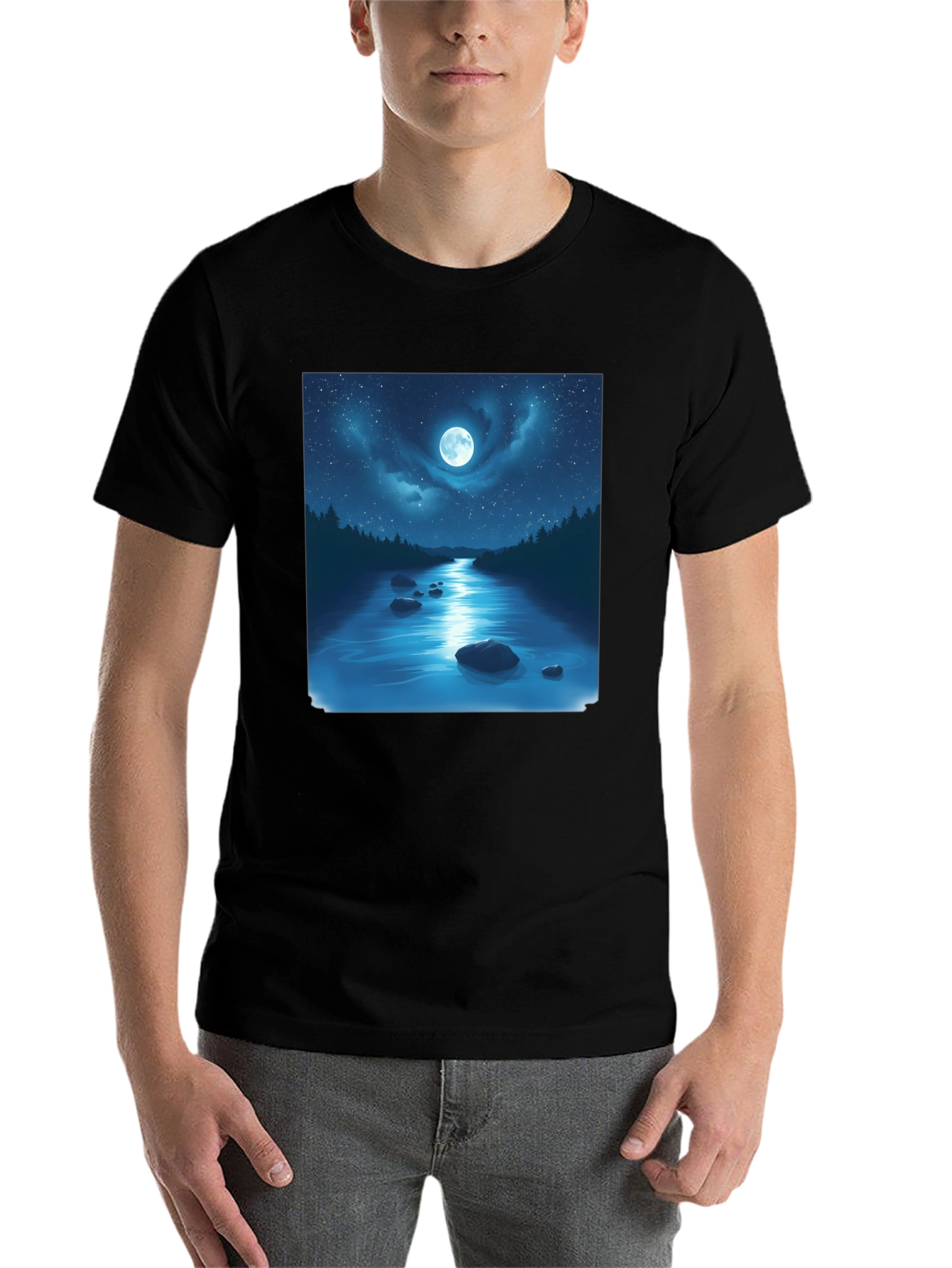 Moonlit River Graphic Tee - Night Sky Design