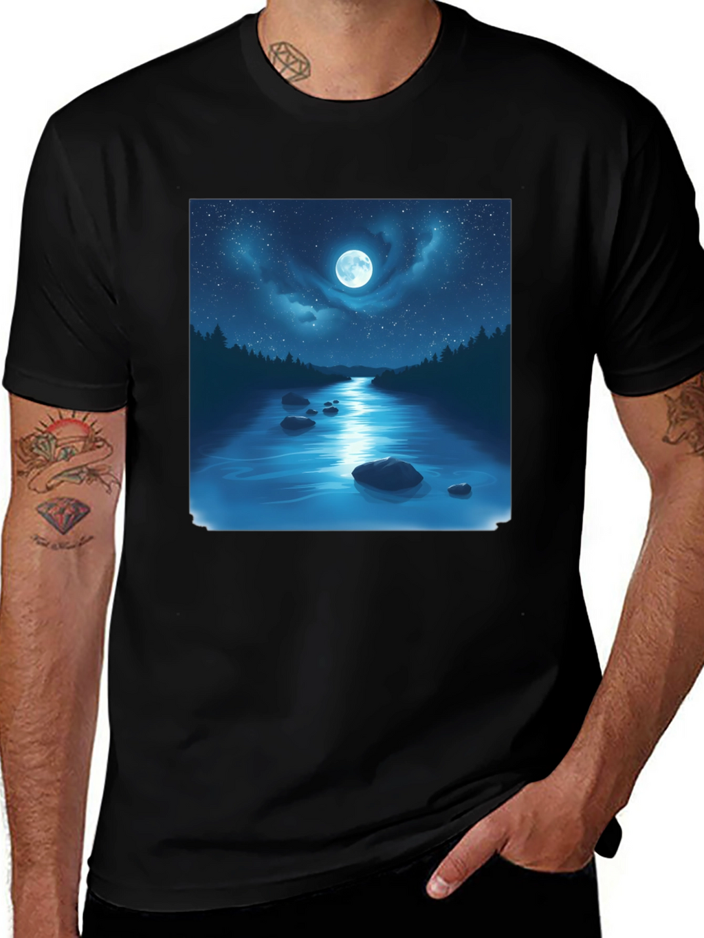 Moonlit River Graphic Tee - Night Sky Design