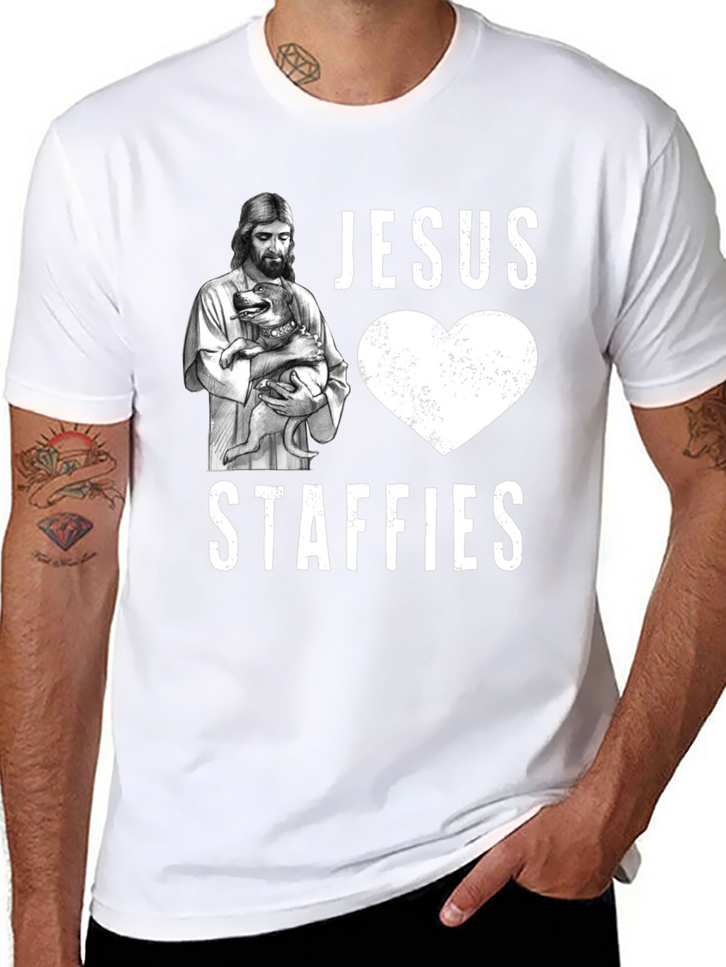 Jesus Loves Staffies T-Shirt - Funny Dog Lover Tee