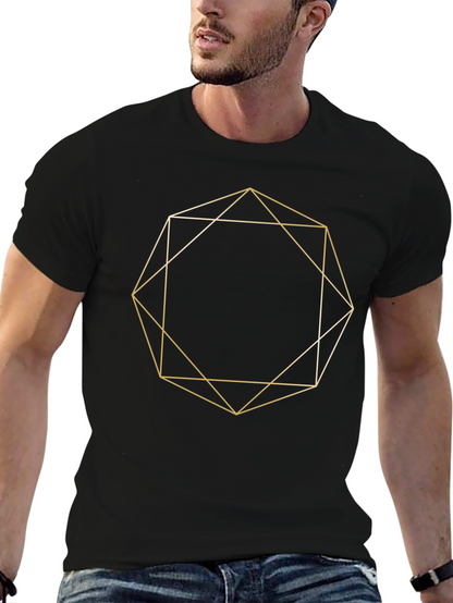 Geometric Gold Line Art Black T-Shirt