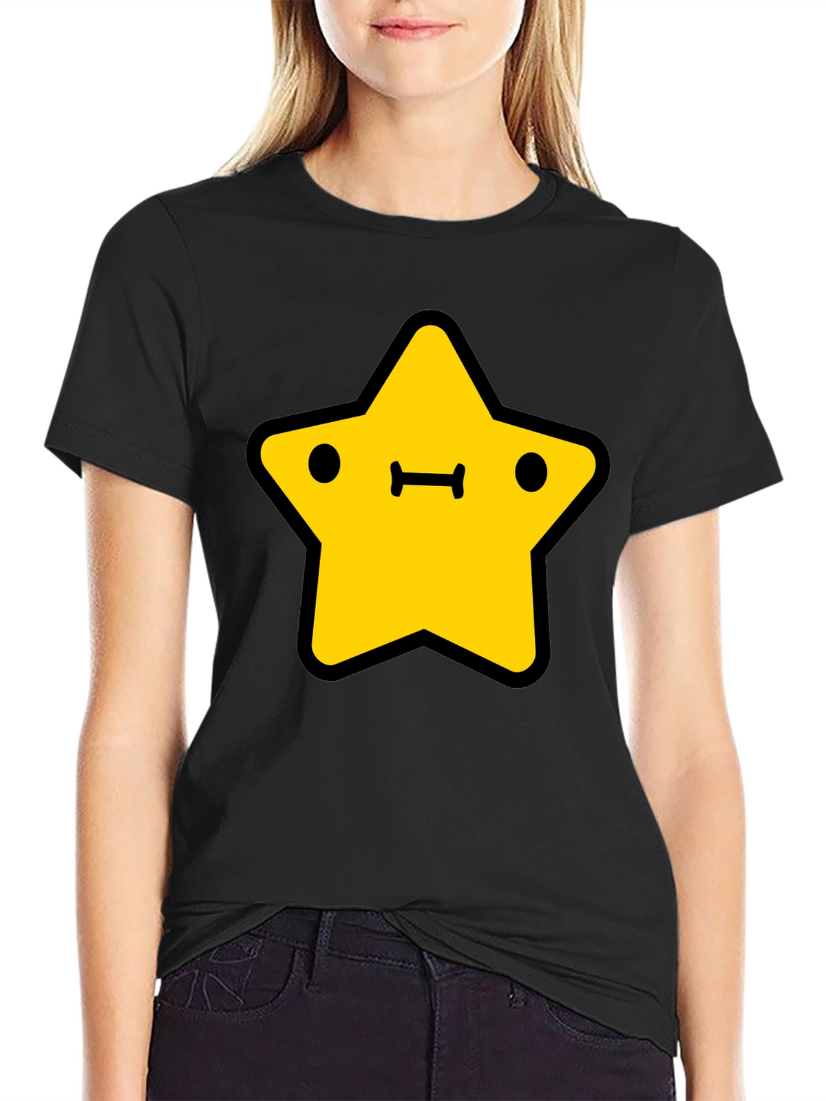 Cute Yellow Star Graphic Black T-Shirt