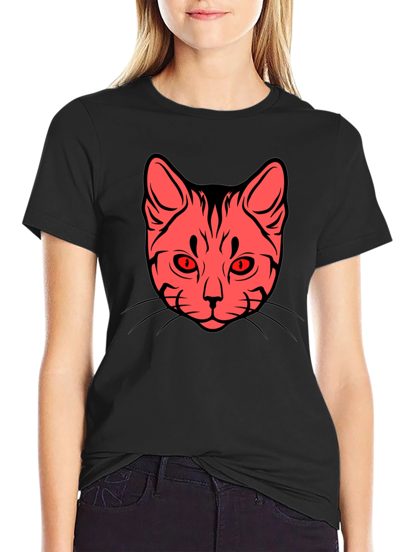 Cat Face Graphic Tee - Stylish Black T-Shirt
