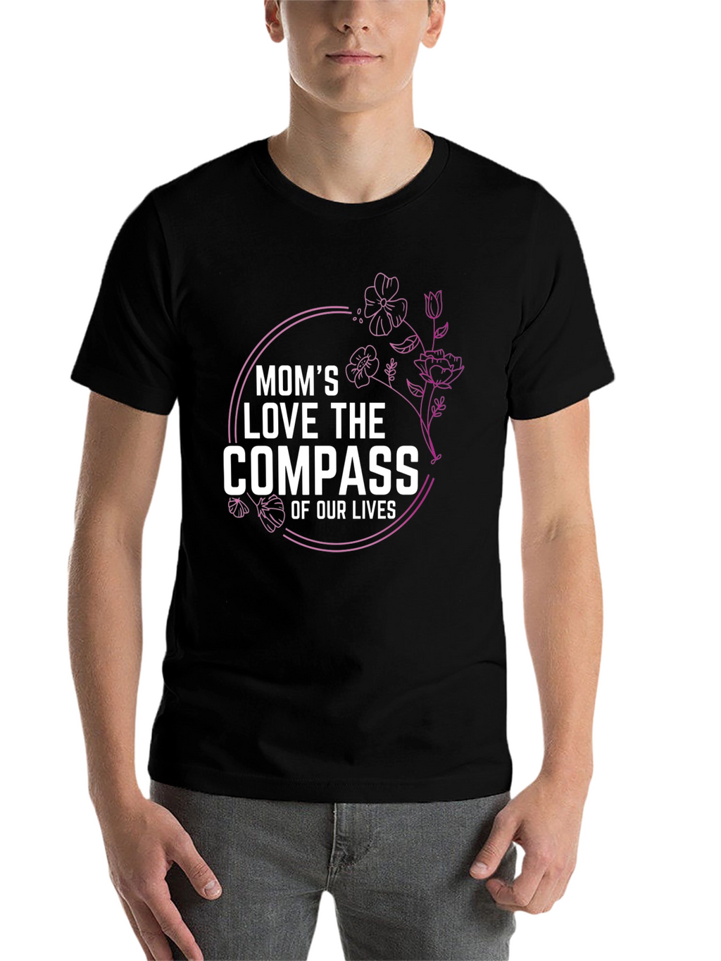 Moms Love Compass T-Shirt Floral Design Black Tee