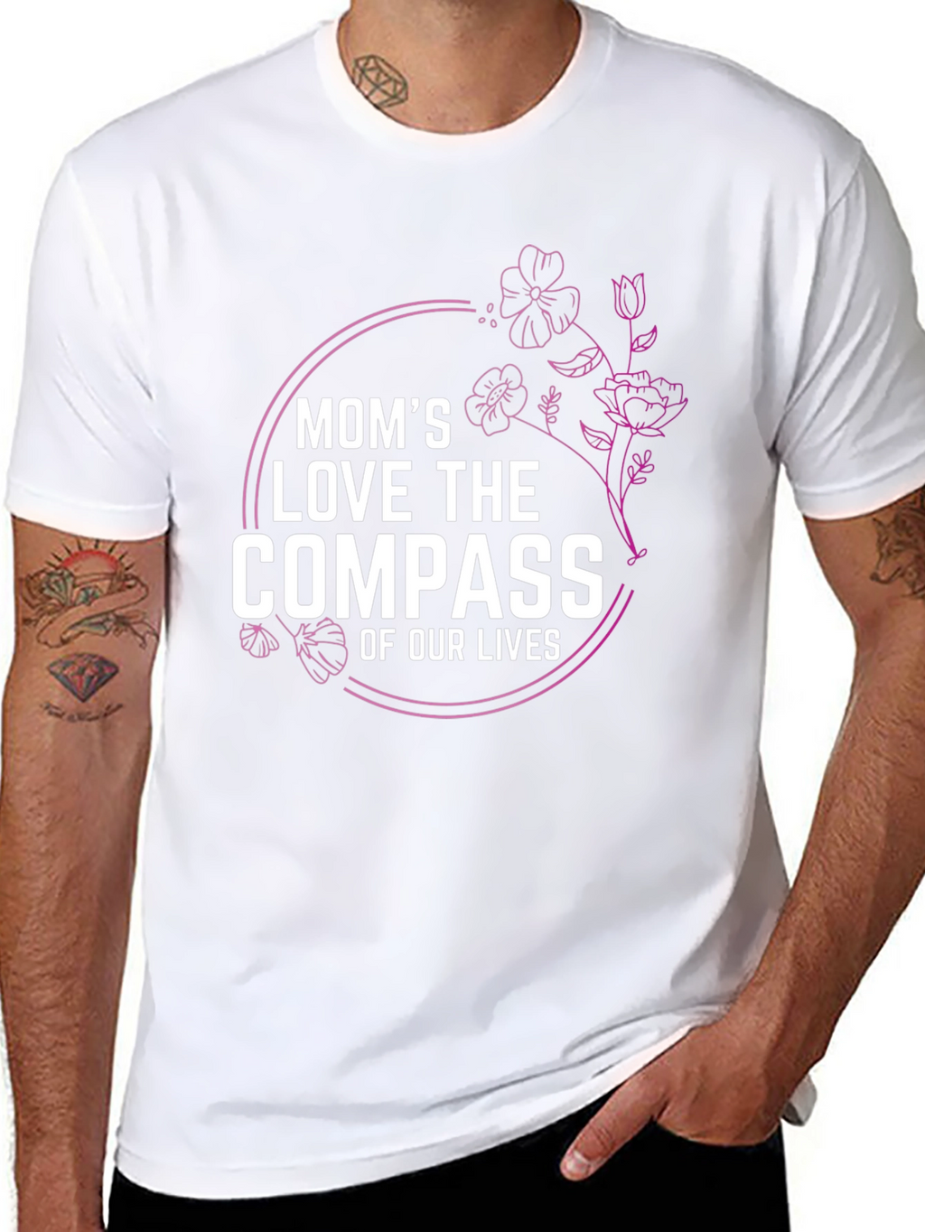 Moms Love Compass T-Shirt Floral Design Black Tee