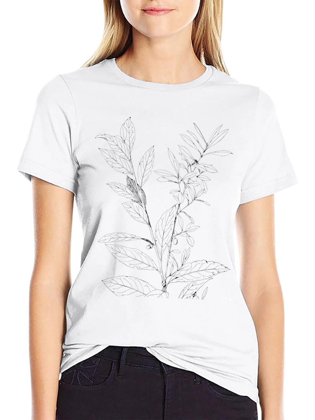 Mens Black Tee with Botanical Leaf Print