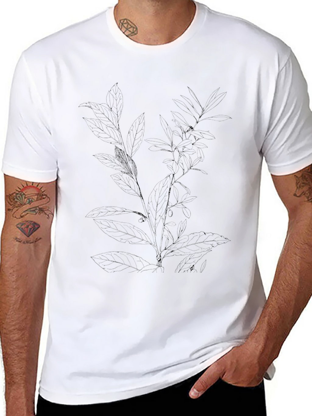 Mens Black Tee with Botanical Leaf Print