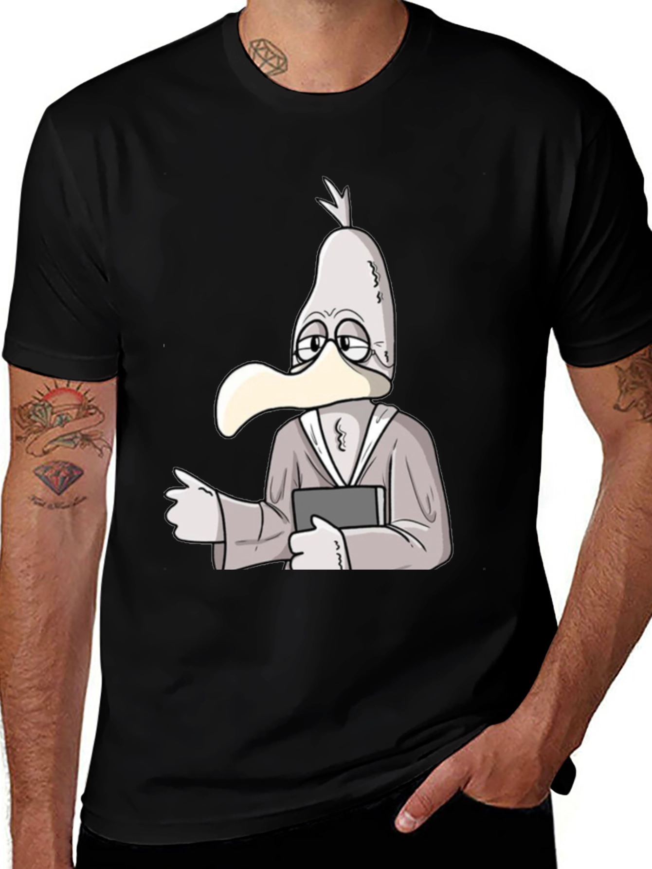 Cartoon Seagull Teacher Black T-Shirt