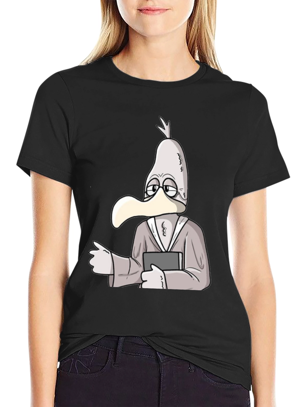 Cartoon Seagull Teacher Black T-Shirt
