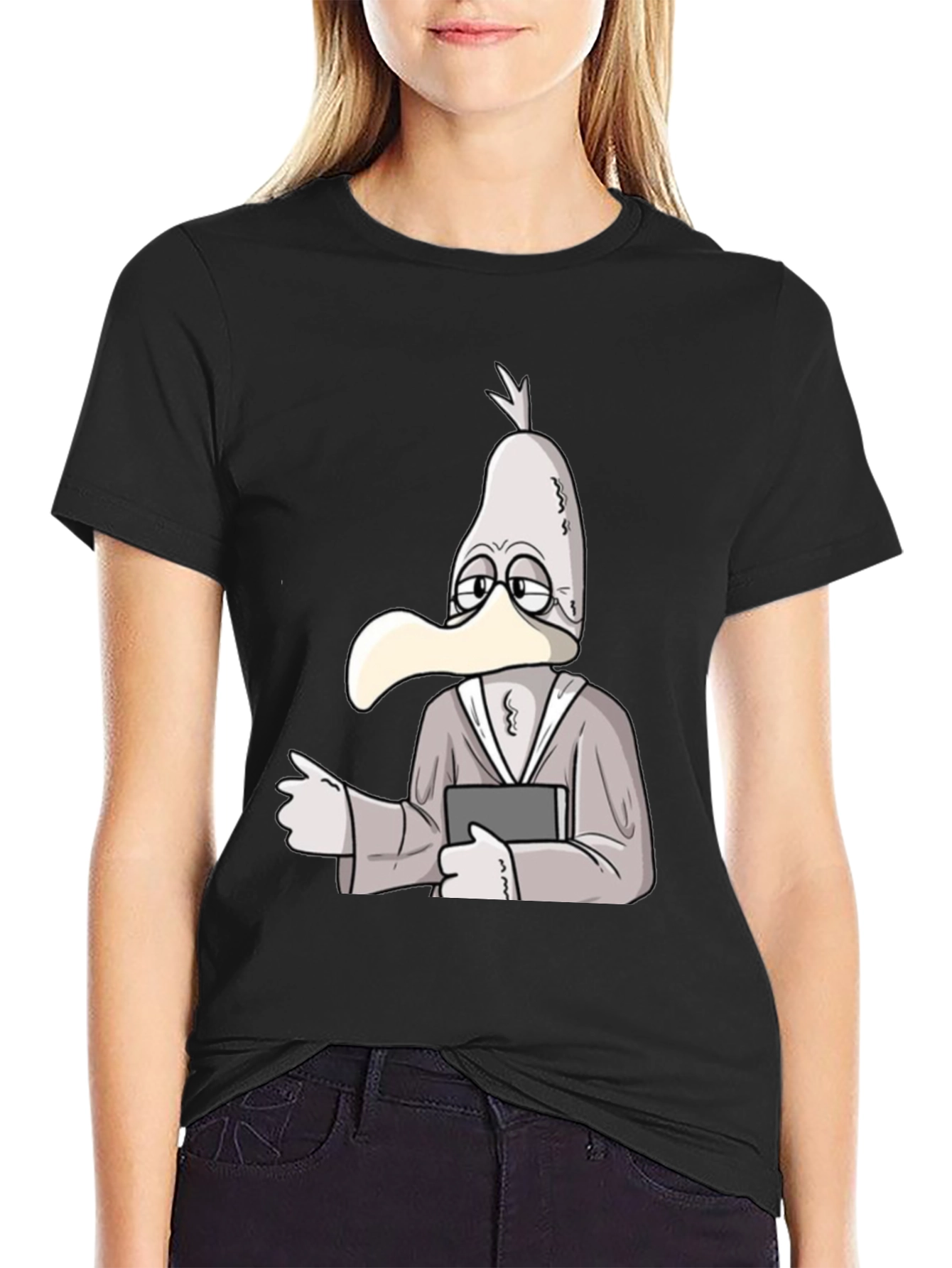 Cartoon Seagull Teacher Black T-Shirt