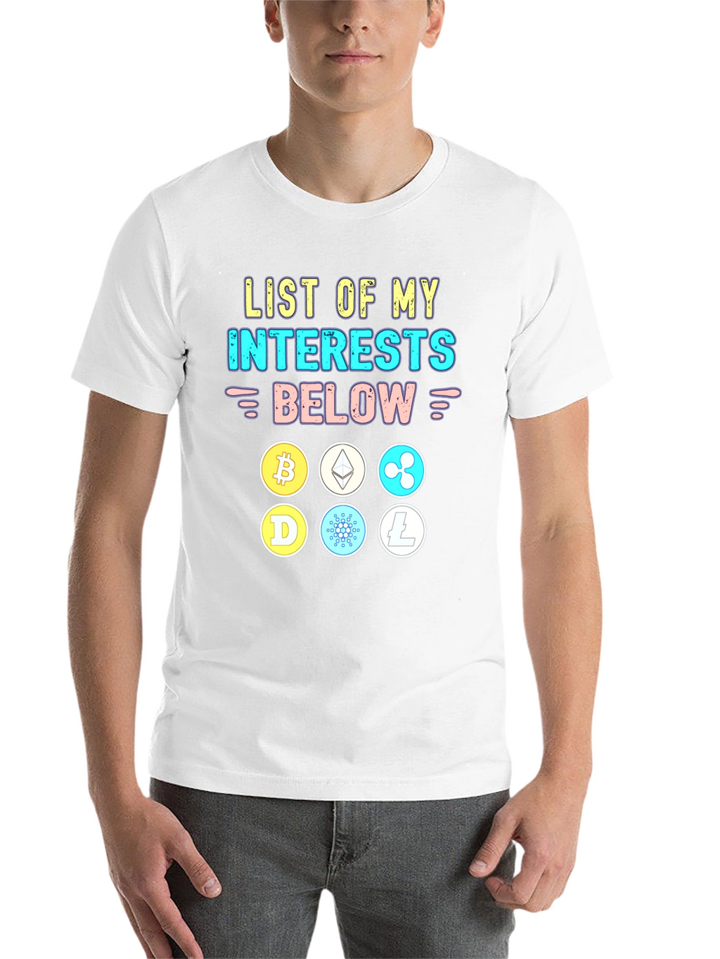 Crypto Interests T-Shirt Bitcoin Ethereum Cardano Litecoin