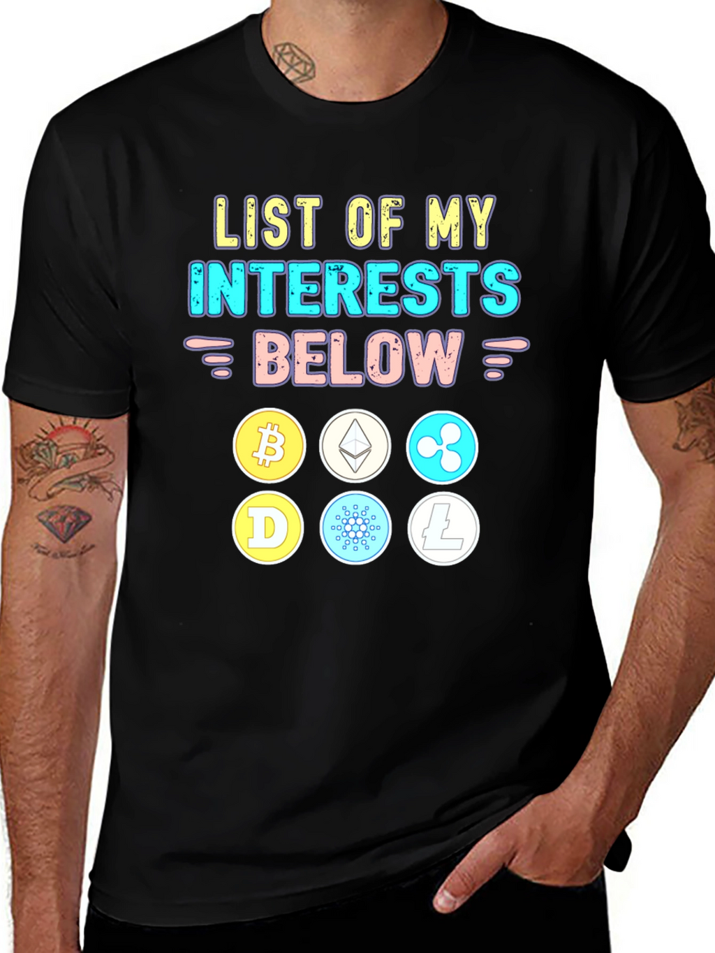 Crypto Interests T-Shirt Bitcoin Ethereum Cardano Litecoin