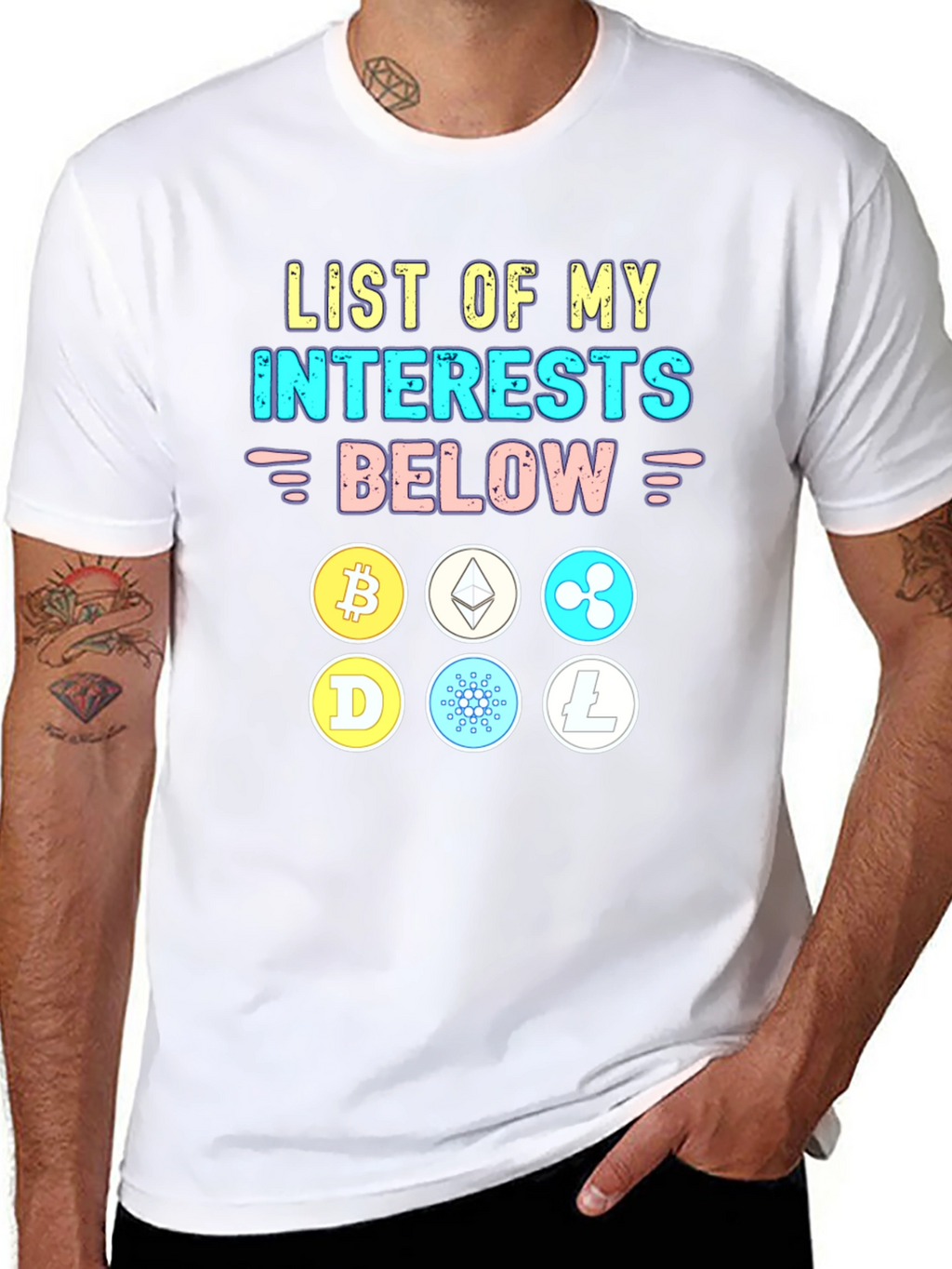 Crypto Interests T-Shirt Bitcoin Ethereum Cardano Litecoin