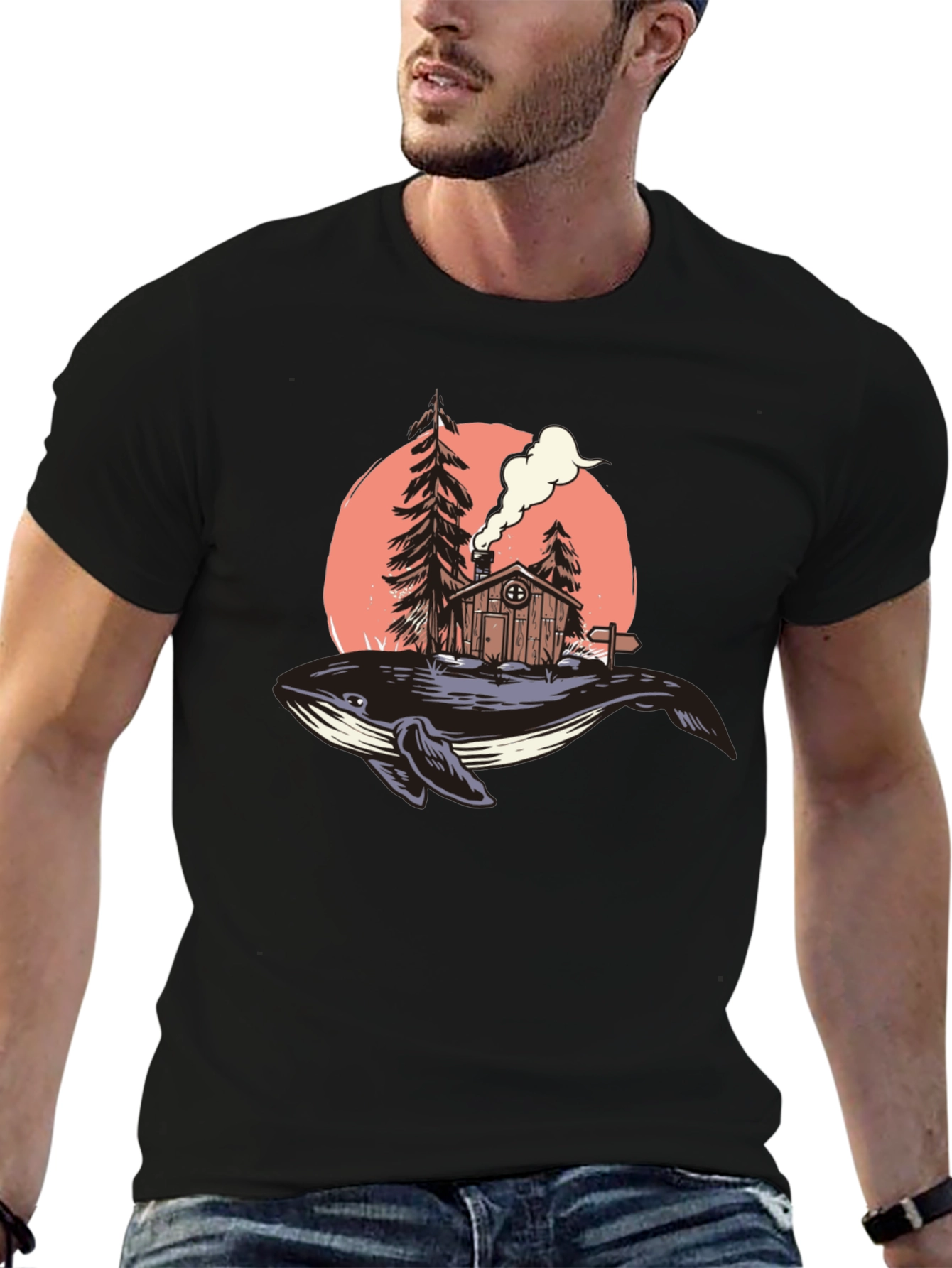 Whale Cabin Graphic Tee - Unique Design Black T-Shirt