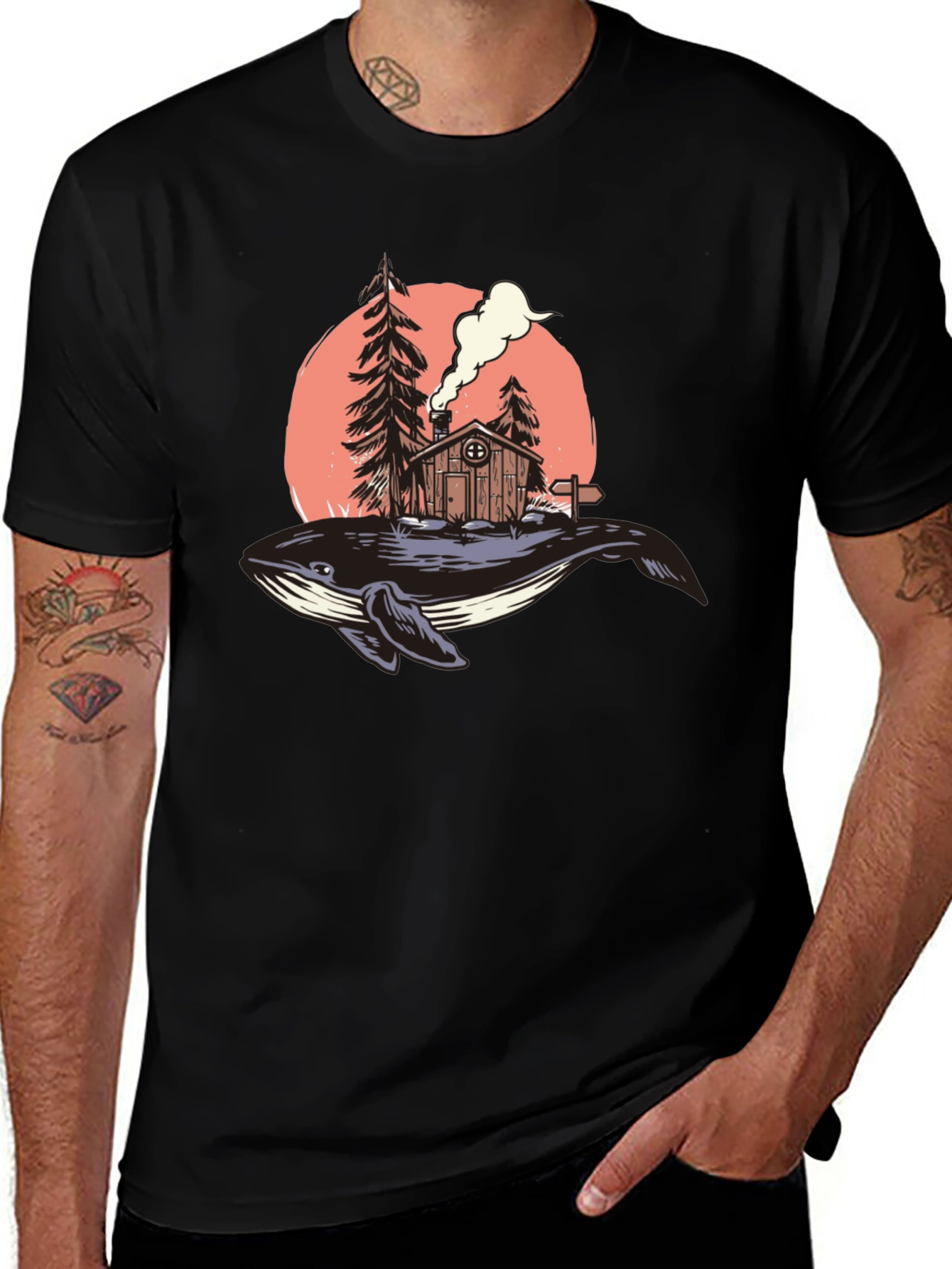 Whale Cabin Graphic Tee - Unique Design Black T-Shirt