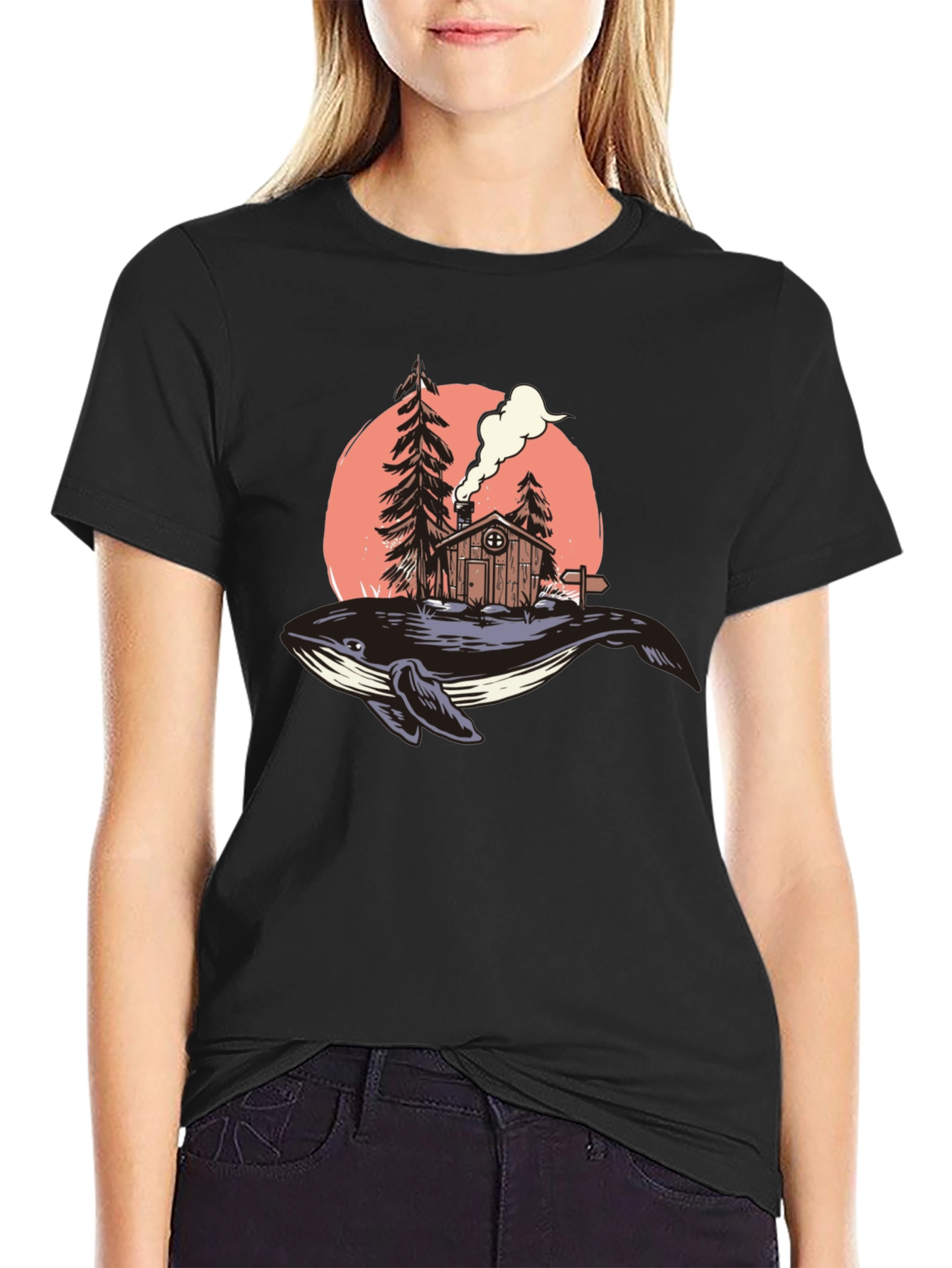Whale Cabin Graphic Tee - Unique Design Black T-Shirt