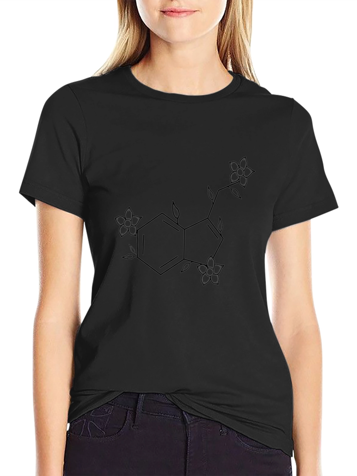 Floral Serotonin Molecule Black T-Shirt