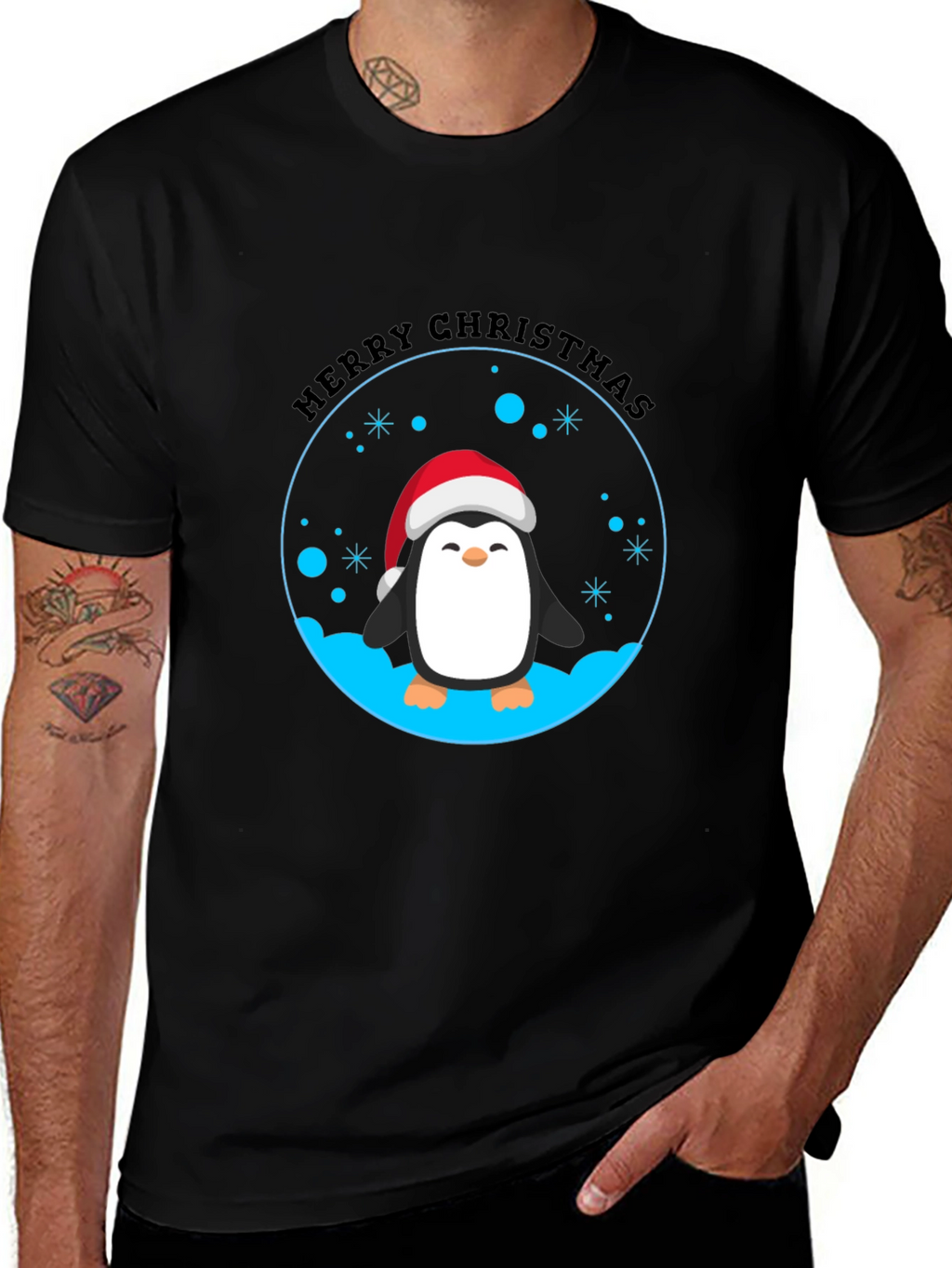 Penguin Merry Christmas Black T-Shirt