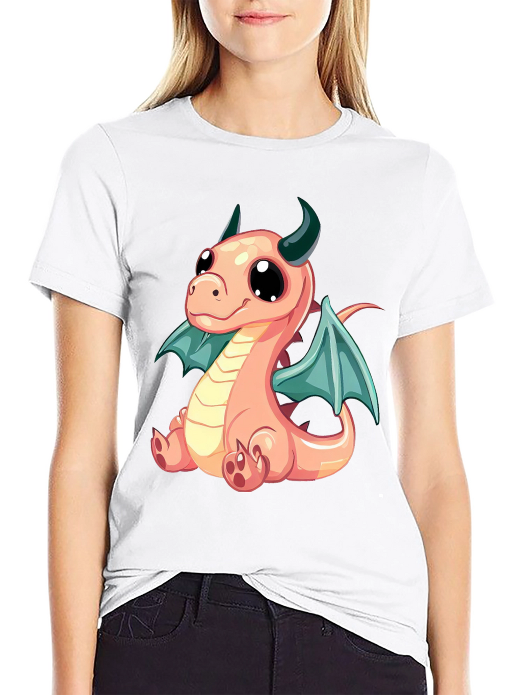 Cute Cartoon Dragon Graphic Tee - Black