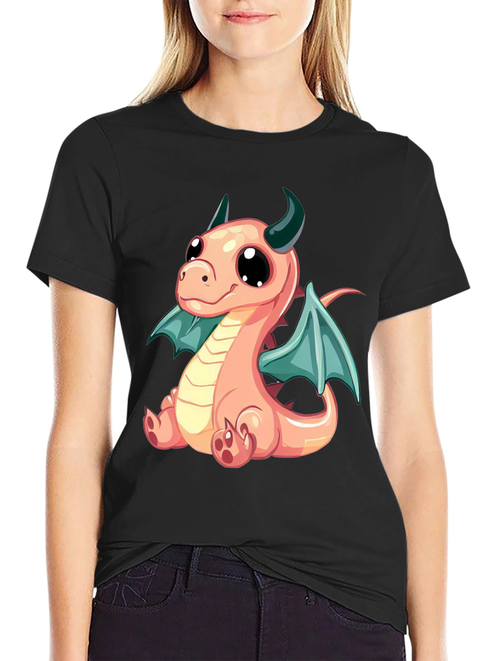 Cute Cartoon Dragon Graphic Tee - Black