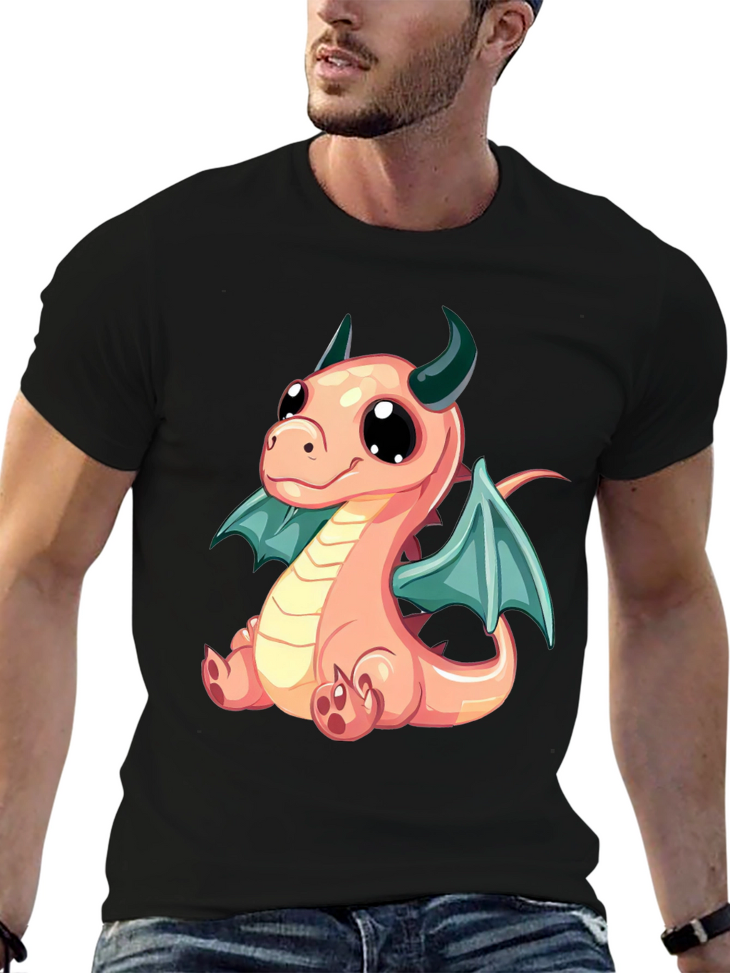 Cute Cartoon Dragon Graphic Tee - Black
