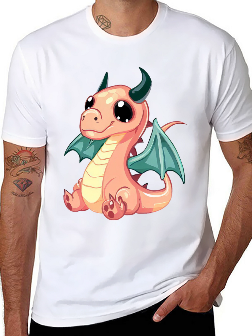 Cute Cartoon Dragon Graphic Tee - Black