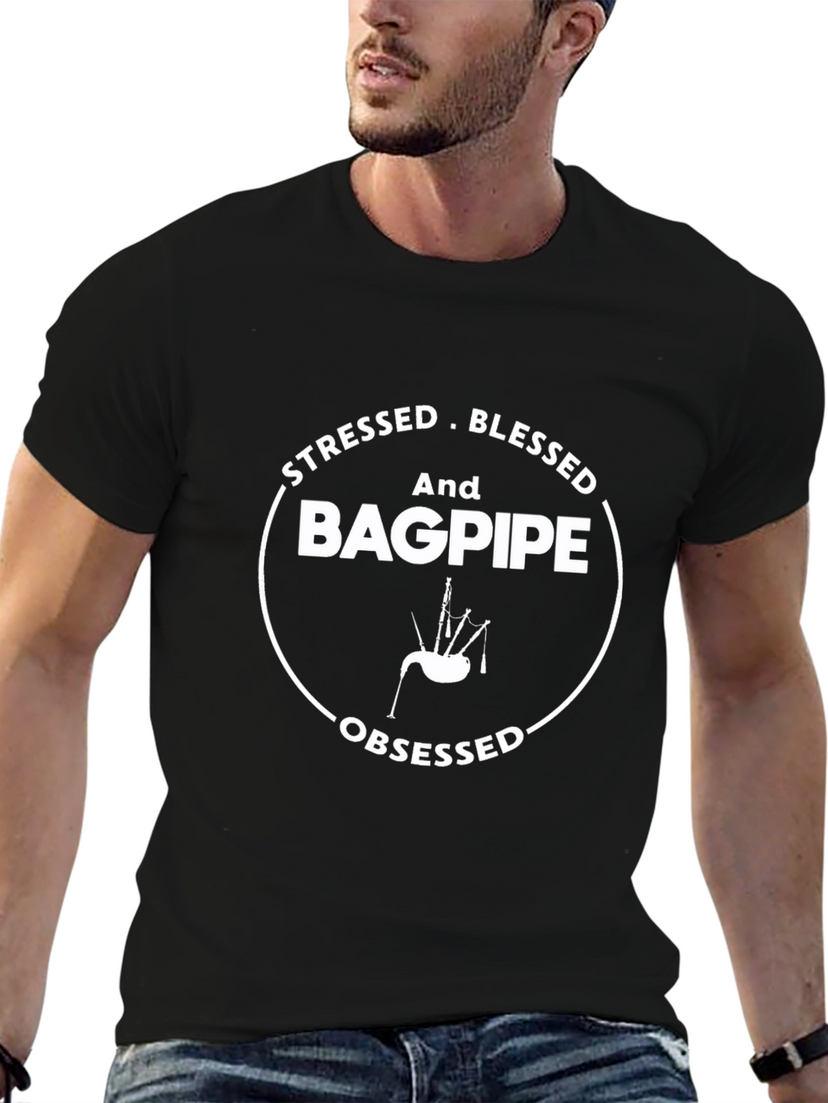 Stressed Blessed Bagpipe Obsessed Graphic Tee