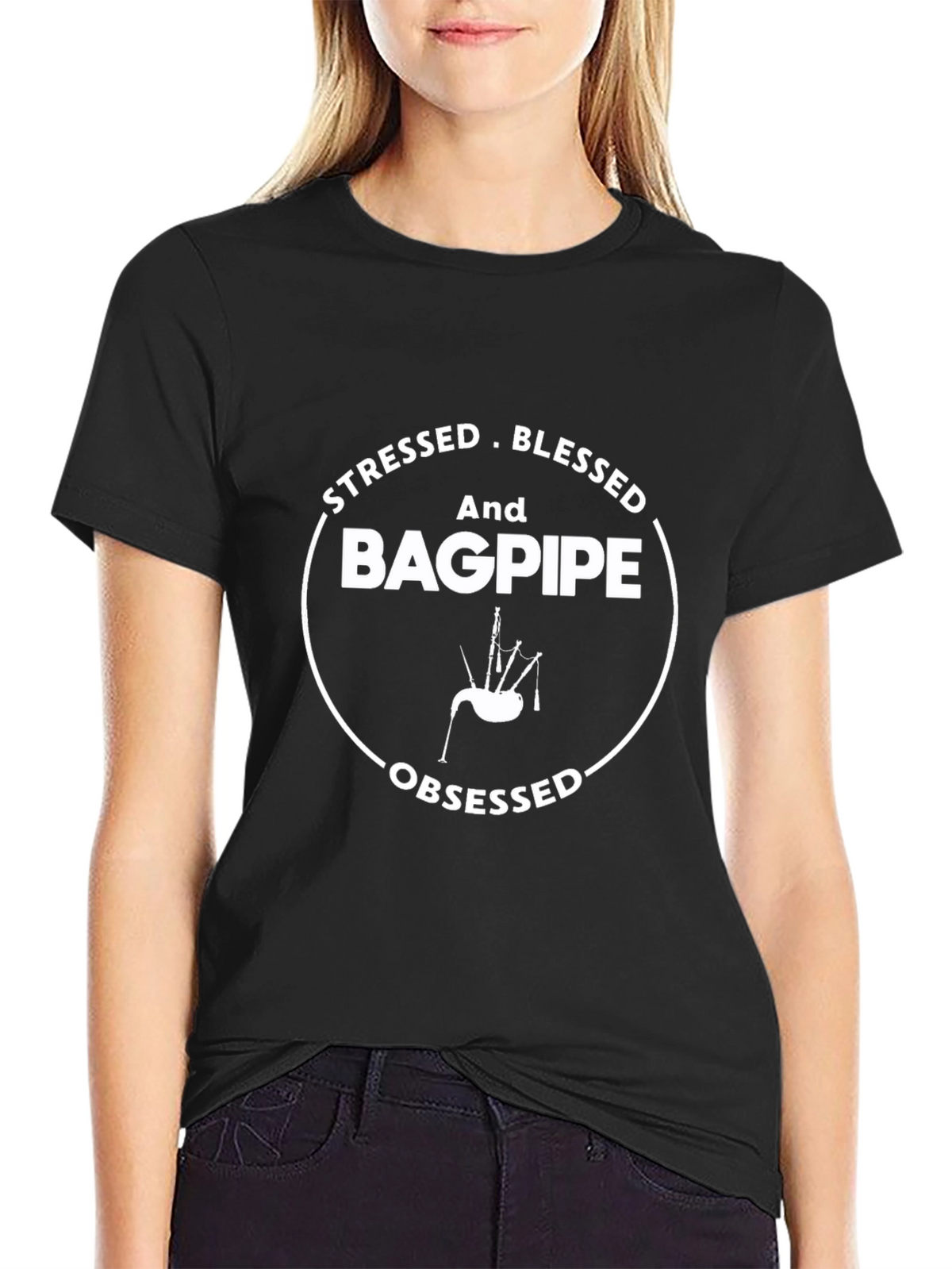 Stressed Blessed Bagpipe Obsessed Graphic Tee